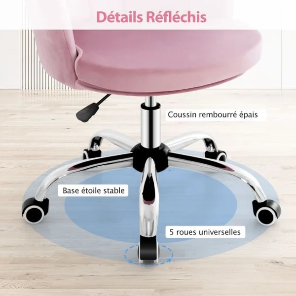 Fauteuil de Bureau à Roulettes Chaise de Coiffeuse Velours Hauteur Réglable H 74-82 CM Forme de Pétale Bleu/Gris/Rose