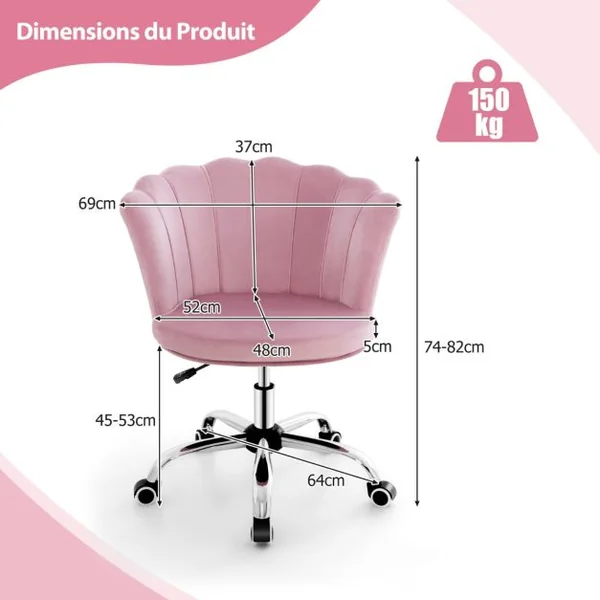 Fauteuil de Bureau à Roulettes Chaise de Coiffeuse Velours Hauteur Réglable H 74-82 CM Forme de Pétale Bleu/Gris/Rose