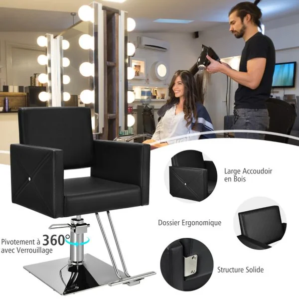 Fauteuil de Coiffure Hydraulique Rotative à 360° Coiffure avec Hauteur Réglable Accoudoirs Base Électroplaquée Charge 150KG Noir