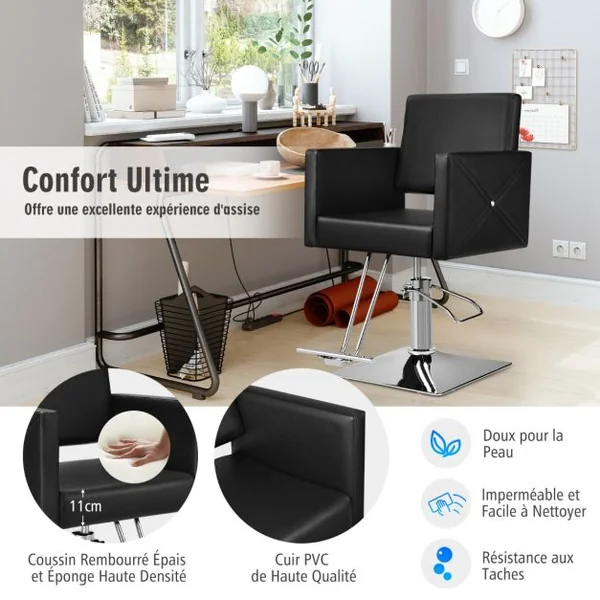 Fauteuil de Coiffure Hydraulique Rotative à 360° Coiffure avec Hauteur Réglable Accoudoirs Base Électroplaquée Charge 150KG Noir