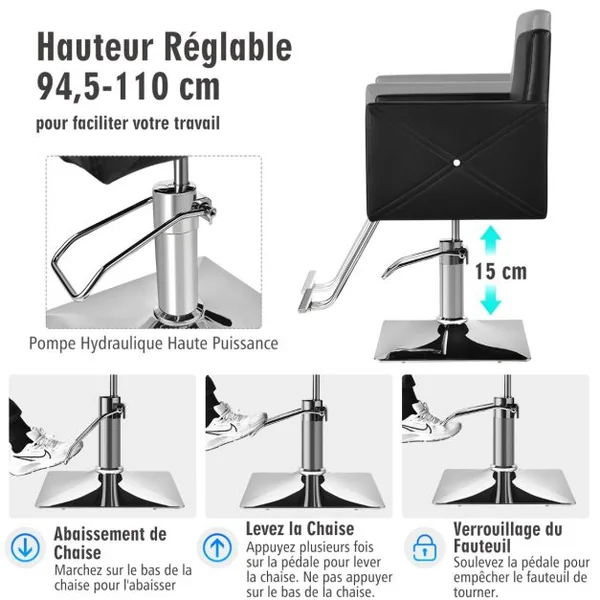 Fauteuil de Coiffure Hydraulique Rotative à 360° Coiffure avec Hauteur Réglable Accoudoirs Base Électroplaquée Charge 150KG Noir