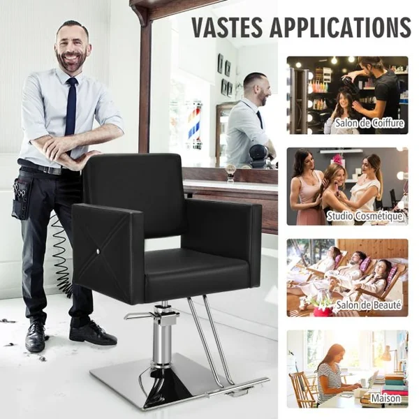 Fauteuil de Coiffure Hydraulique Rotative à 360° Coiffure avec Hauteur Réglable Accoudoirs Base Électroplaquée Charge 150KG Noir