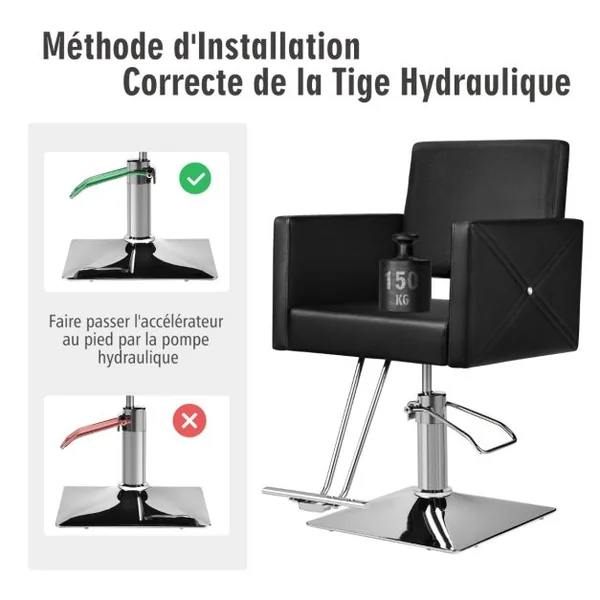 Fauteuil de Coiffure Hydraulique Rotative à 360° Coiffure avec Hauteur Réglable Accoudoirs Base Électroplaquée Charge 150KG Noir