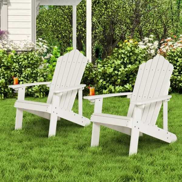 Fauteuil de Jardin Adirondack en HIPS Bois Massif Imperméable avec Porte-Gobelet Charge 170KG pour Piscine Terrasse Blanc