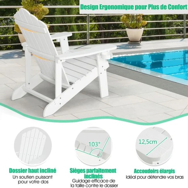 Fauteuil de Jardin Adirondack en HIPS Bois Massif Imperméable avec Porte-Gobelet Charge 170KG pour Piscine Terrasse Blanc