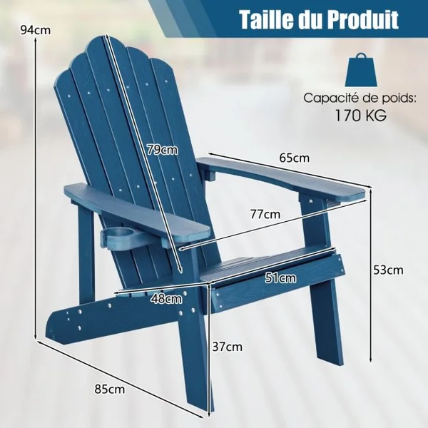 Fauteuil de Jardin Adirondack en HIPS Bois Massif Imperméable avec Porte-Gobelet Charge 170KG pour Piscine Terrasse Bleu