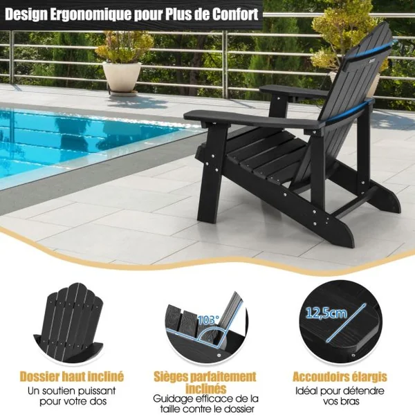 Fauteuil de Jardin Adirondack en HIPS Bois Massif Imperméable avec Porte-Gobelet Charge 170KG pour Piscine Terrasse Noir