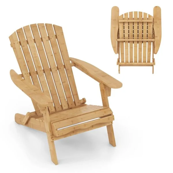 Fauteuil de Jardin Adirondack Pliante en Bambou Charge 150 kg Chaise d'Extérieur avec Dossier haut et Accoudoirs 70x93x80 CM