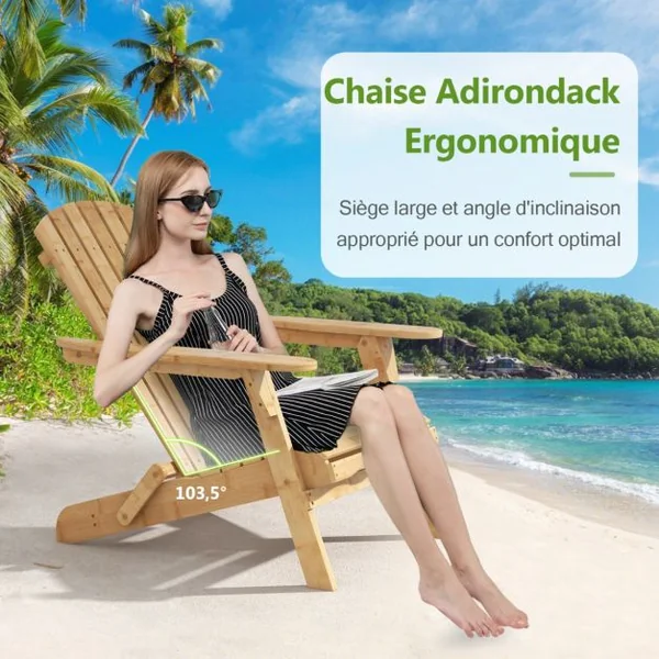 Fauteuil de Jardin Adirondack Pliante en Bambou Charge 150 kg Chaise d'Extérieur avec Dossier haut et Accoudoirs 70x93x80 CM