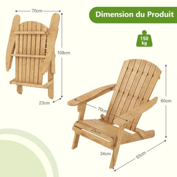 Fauteuil de Jardin Adirondack Pliante en Bambou Charge 150 kg Chaise d'Extérieur avec Dossier haut et Accoudoirs 70x93x80 CM