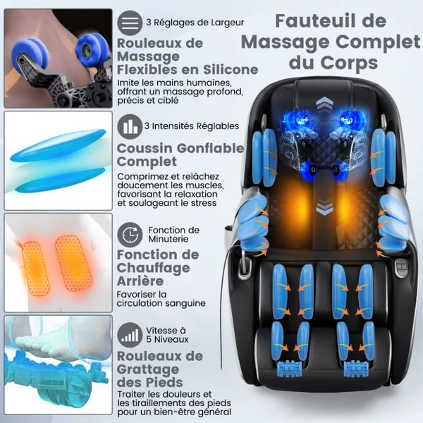 Fauteuil de Massage Électrique Fauteuil Shiatsu Inclinable Zéro Gravité SL Track avec 12 Modes Prédéfinis Commande Vocale Noir/Marron/Café