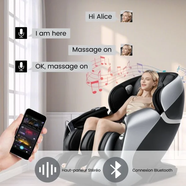 Fauteuil de Massage Électrique Fauteuil Shiatsu Inclinable Zéro Gravité SL Track avec 12 Modes Prédéfinis Commande Vocale Noir/Marron/Café