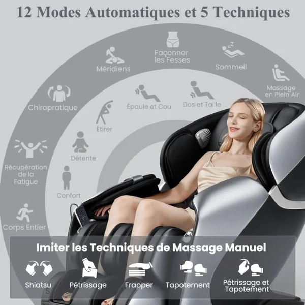 Fauteuil de Massage Électrique Fauteuil Shiatsu Inclinable Zéro Gravité SL Track avec 12 Modes Prédéfinis Commande Vocale Noir/Marron/Café