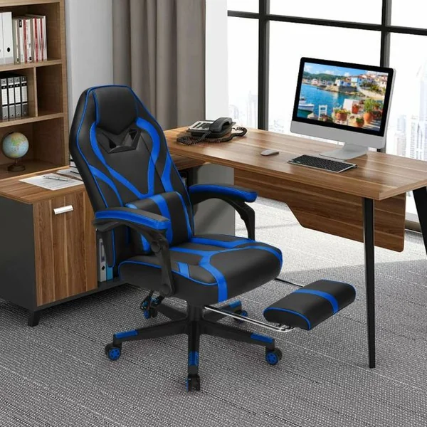 Fauteuil Gamer Incliable Pivotante Repose-pieds Coussin Lombaire Accoudoir - Similicuir - Hauteur et Dossier Réglable Bleu