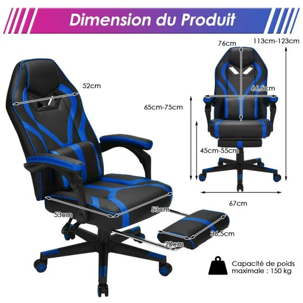 Fauteuil Gamer Incliable Pivotante Repose-pieds Coussin Lombaire Accoudoir - Similicuir - Hauteur et Dossier Réglable Bleu