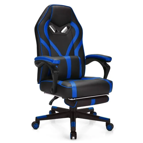 Fauteuil Gamer Incliable Pivotante Repose-pieds Coussin Lombaire Accoudoir - Similicuir - Hauteur et Dossier Réglable Bleu