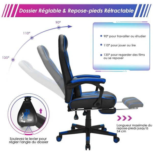 Fauteuil Gamer Incliable Pivotante Repose-pieds Coussin Lombaire Accoudoir - Similicuir - Hauteur et Dossier Réglable Bleu