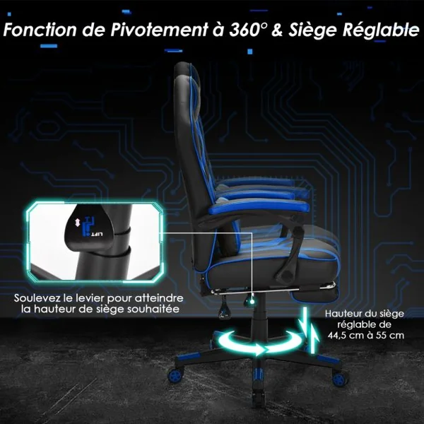 Fauteuil Gamer Incliable Pivotante Repose-pieds Coussin Lombaire Accoudoir - Similicuir - Hauteur et Dossier Réglable Bleu