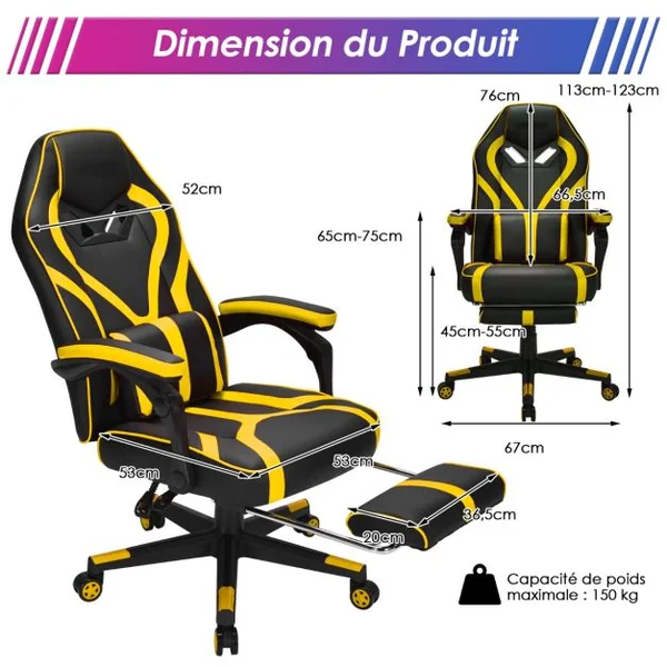Fauteuil Gamer Incliable Pivotante Repose-pieds Coussin Lombaire Accoudoir - Similicuir - Hauteur et Dossier Réglable Jaune