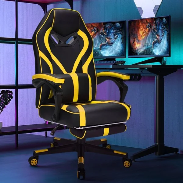 Fauteuil Gamer Incliable Pivotante Repose-pieds Coussin Lombaire Accoudoir - Similicuir - Hauteur et Dossier Réglable Jaune