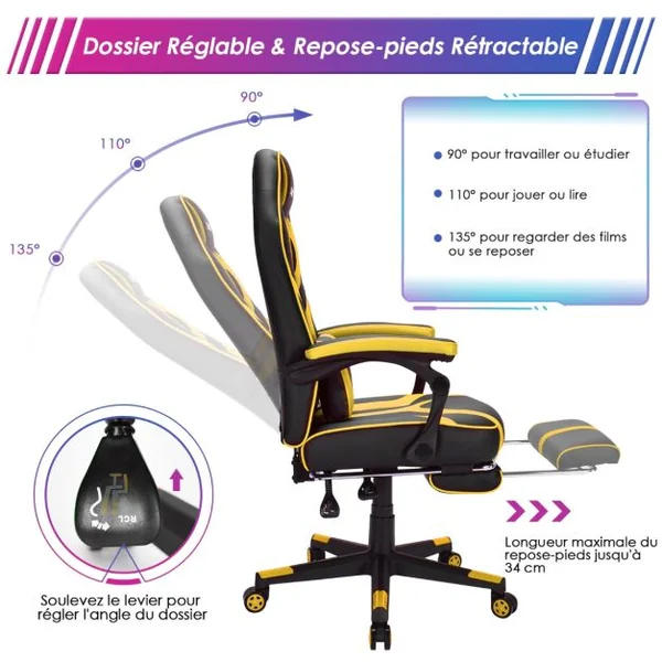 Fauteuil Gamer Incliable Pivotante Repose-pieds Coussin Lombaire Accoudoir - Similicuir - Hauteur et Dossier Réglable Jaune