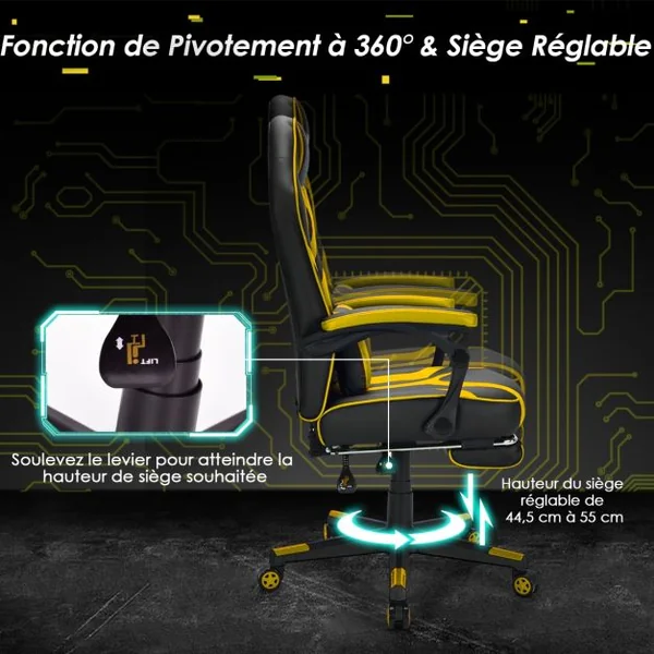 Fauteuil Gamer Incliable Pivotante Repose-pieds Coussin Lombaire Accoudoir - Similicuir - Hauteur et Dossier Réglable Jaune