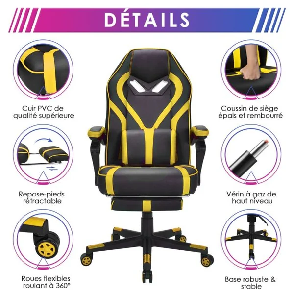 Fauteuil Gamer Incliable Pivotante Repose-pieds Coussin Lombaire Accoudoir - Similicuir - Hauteur et Dossier Réglable Jaune
