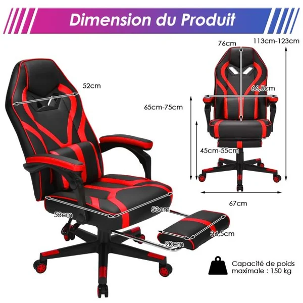 Fauteuil Gamer Incliable Pivotante Repose-pieds Coussin Lombaire Accoudoir - Similicuir - Hauteur et Dossier Réglable Rouge
