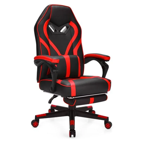 Fauteuil Gamer Incliable Pivotante Repose-pieds Coussin Lombaire Accoudoir - Similicuir - Hauteur et Dossier Réglable Rouge