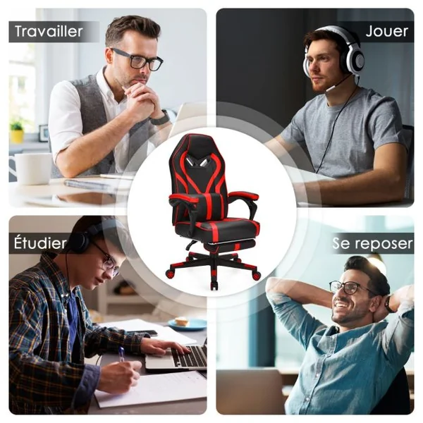 Fauteuil Gamer Incliable Pivotante Repose-pieds Coussin Lombaire Accoudoir - Similicuir - Hauteur et Dossier Réglable Rouge