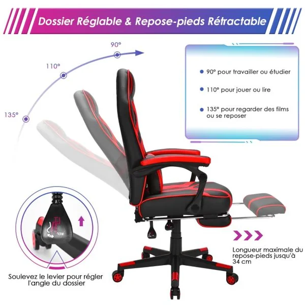 Fauteuil Gamer Incliable Pivotante Repose-pieds Coussin Lombaire Accoudoir - Similicuir - Hauteur et Dossier Réglable Rouge