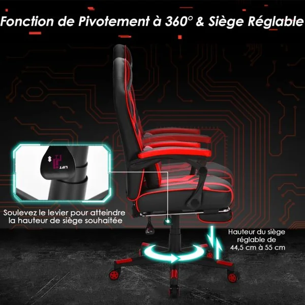 Fauteuil Gamer Incliable Pivotante Repose-pieds Coussin Lombaire Accoudoir - Similicuir - Hauteur et Dossier Réglable Rouge
