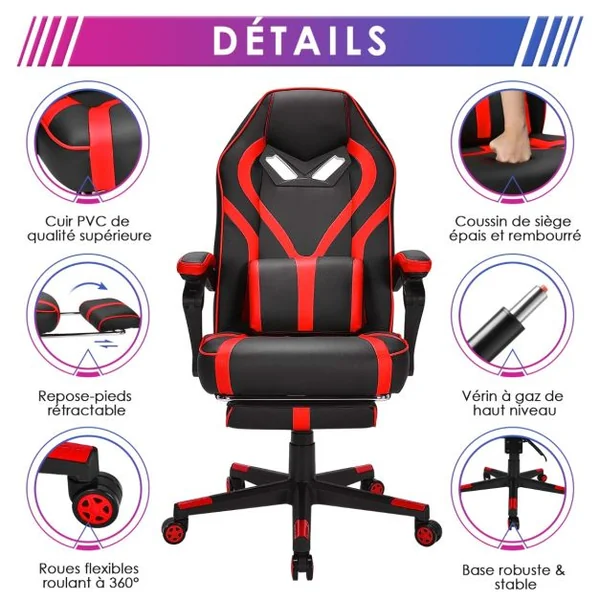 Fauteuil Gamer Incliable Pivotante Repose-pieds Coussin Lombaire Accoudoir - Similicuir - Hauteur et Dossier Réglable Rouge