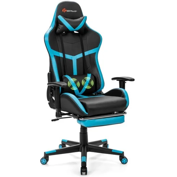 Fauteuil Gamer Inclinable en Similicuir Repose Pieds Coussin Lombaire Appui-tête, Accoudoir Pivotante Ergonomique Bleu