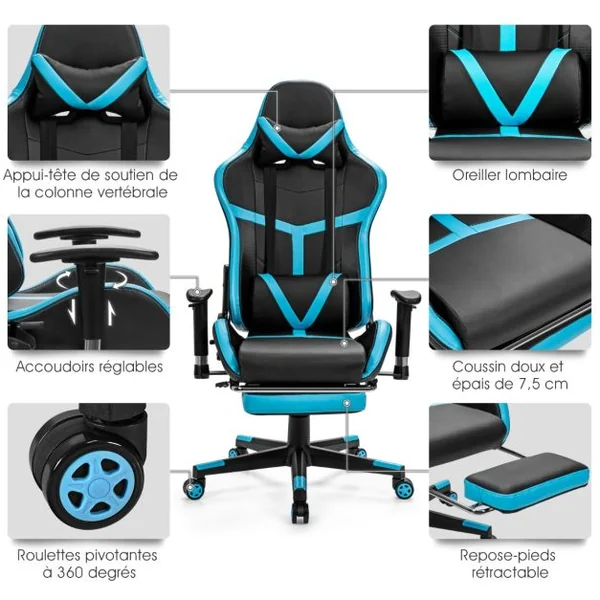 Fauteuil Gamer Inclinable en Similicuir Repose Pieds Coussin Lombaire Appui-tête, Accoudoir Pivotante Ergonomique Bleu