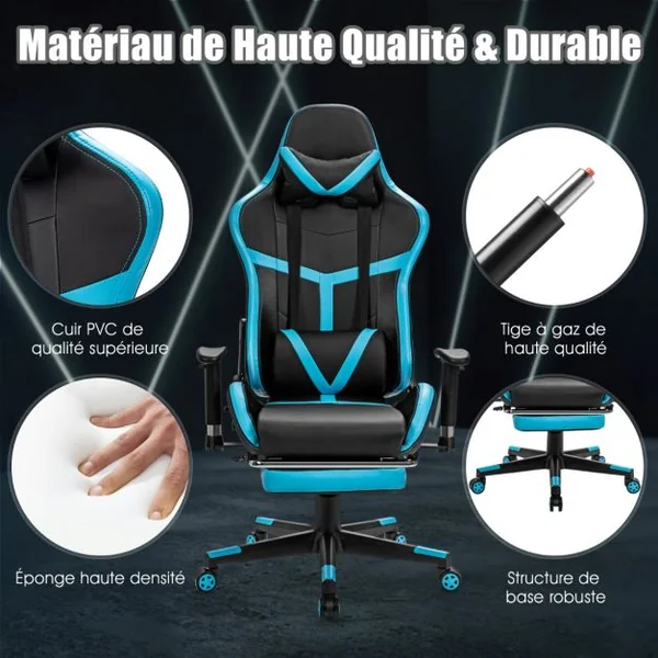 Fauteuil Gamer Inclinable en Similicuir Repose Pieds Coussin Lombaire Appui-tête, Accoudoir Pivotante Ergonomique Bleu