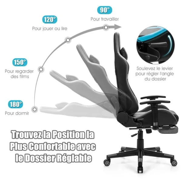 Fauteuil Gamer Inclinable en Similicuir Repose Pieds Coussin Lombaire Appui-tête, Accoudoir Pivotante Ergonomique Bleu