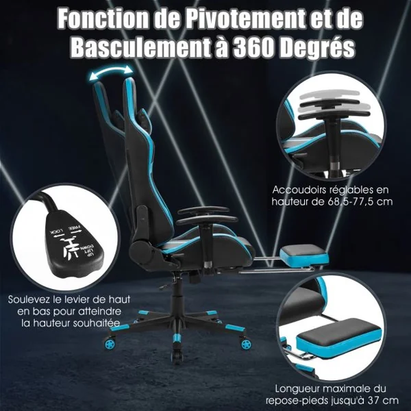 Fauteuil Gamer Inclinable en Similicuir Repose Pieds Coussin Lombaire Appui-tête, Accoudoir Pivotante Ergonomique Bleu