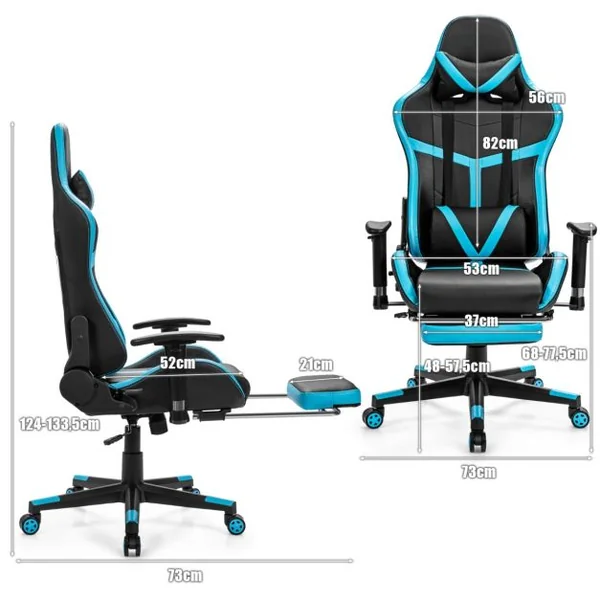 Fauteuil Gamer Inclinable en Similicuir Repose Pieds Coussin Lombaire Appui-tête, Accoudoir Pivotante Ergonomique Bleu