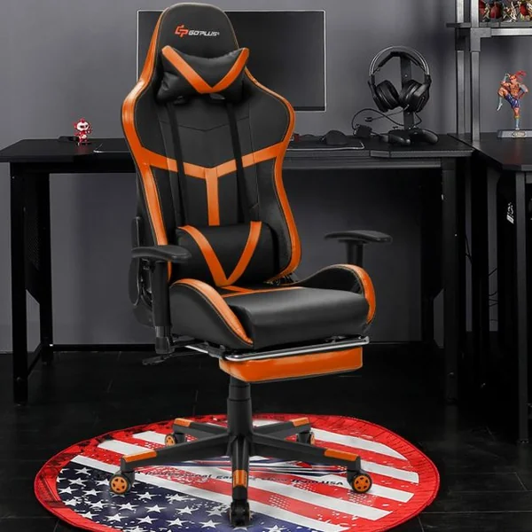 Fauteuil Gamer Inclinable en Similicuir Repose Pieds Coussin Lombaire Appui-tête, Accoudoir Pivotante Ergonomique Jaune
