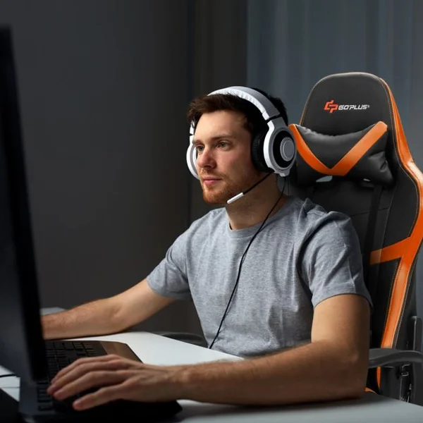 Fauteuil Gamer Inclinable en Similicuir Repose Pieds Coussin Lombaire Appui-tête, Accoudoir Pivotante Ergonomique Jaune
