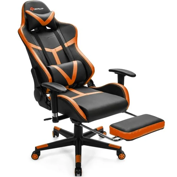 Fauteuil Gamer Inclinable en Similicuir Repose Pieds Coussin Lombaire Appui-tête, Accoudoir Pivotante Ergonomique Jaune