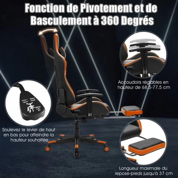 Fauteuil Gamer Inclinable en Similicuir Repose Pieds Coussin Lombaire Appui-tête, Accoudoir Pivotante Ergonomique Jaune