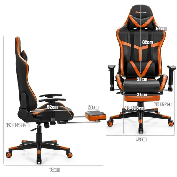 Fauteuil Gamer Inclinable en Similicuir Repose Pieds Coussin Lombaire Appui-tête, Accoudoir Pivotante Ergonomique Jaune