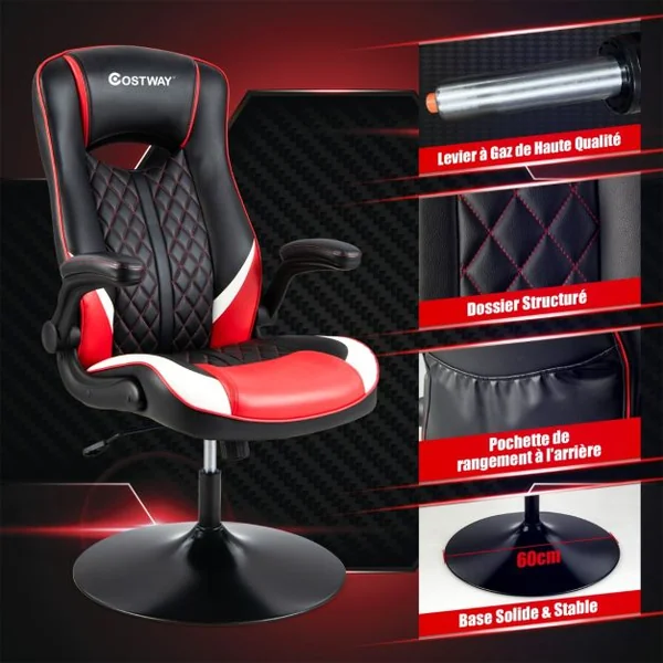 Fauteuil Gamer Pivotable Ergonomique Chaise Gaming Inclinable Dossier & Accoudoirs Hauteur Réglable Rouge