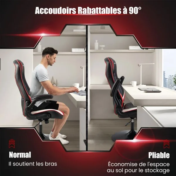 Fauteuil Gamer Pivotable Ergonomique Chaise Gaming Inclinable Dossier & Accoudoirs Hauteur Réglable Rouge