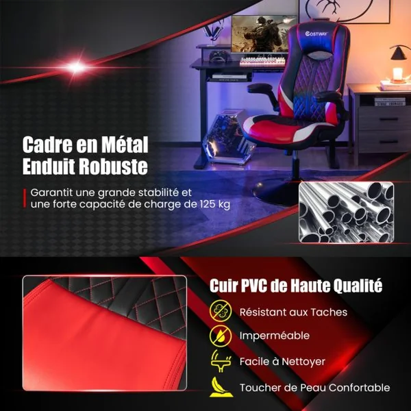 Fauteuil Gamer Pivotable Ergonomique Chaise Gaming Inclinable Dossier & Accoudoirs Hauteur Réglable Rouge