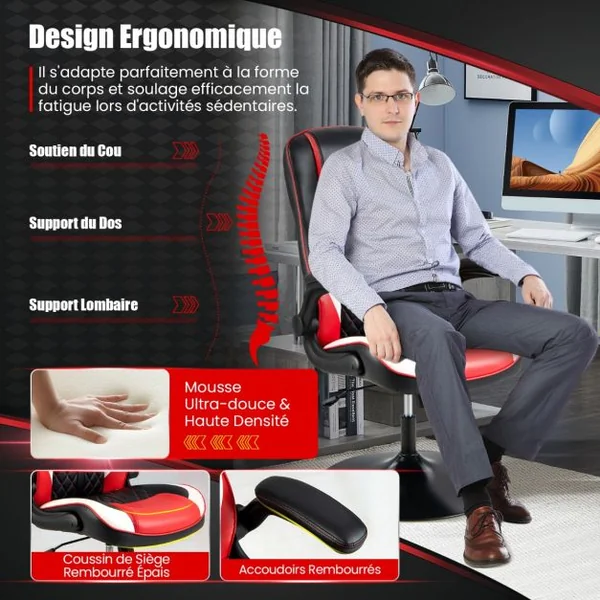 Fauteuil Gamer Pivotable Ergonomique Chaise Gaming Inclinable Dossier & Accoudoirs Hauteur Réglable Rouge