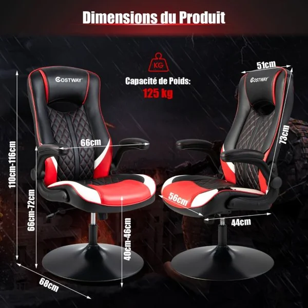 Fauteuil Gamer Pivotable Ergonomique Chaise Gaming Inclinable Dossier & Accoudoirs Hauteur Réglable Rouge