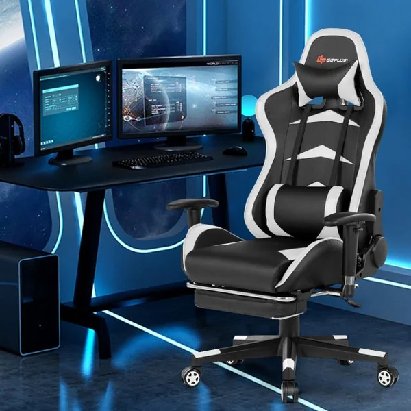 Fauteuil Gamer Pivotante Incliable Coussin Lombaire Appui-tête Repose pieds PU Hauteur et Dossier Réglable Blanc